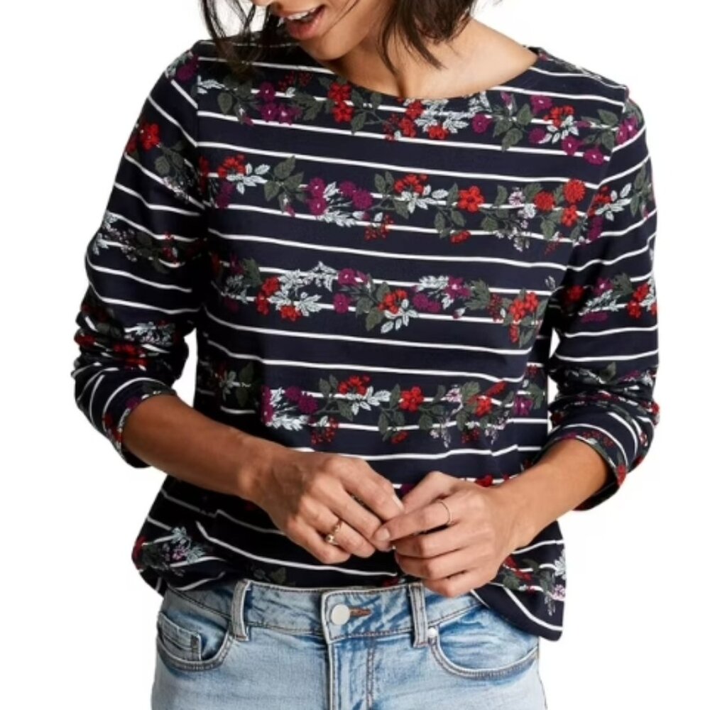 JOULES Women's Harbour Print Long Sleeve Jersey Top Navy Floral Stripe